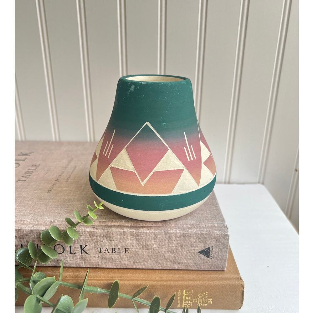 Vintage Sioux Native American Pottery Vase Signed Blue Green Pink Flare Bottom